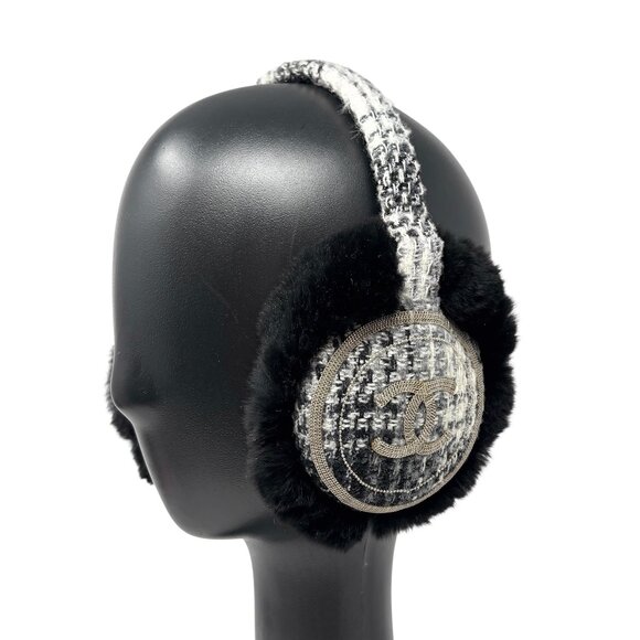 CHANEL Vintage CC Mark Logo Tweed Earmuffs Fur Accessory Black White [105619] - Picture 1 of 8